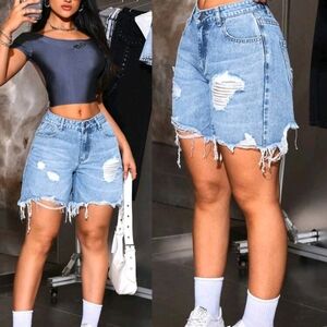 High-Rise Distressed Denim Shorts - Light Blue